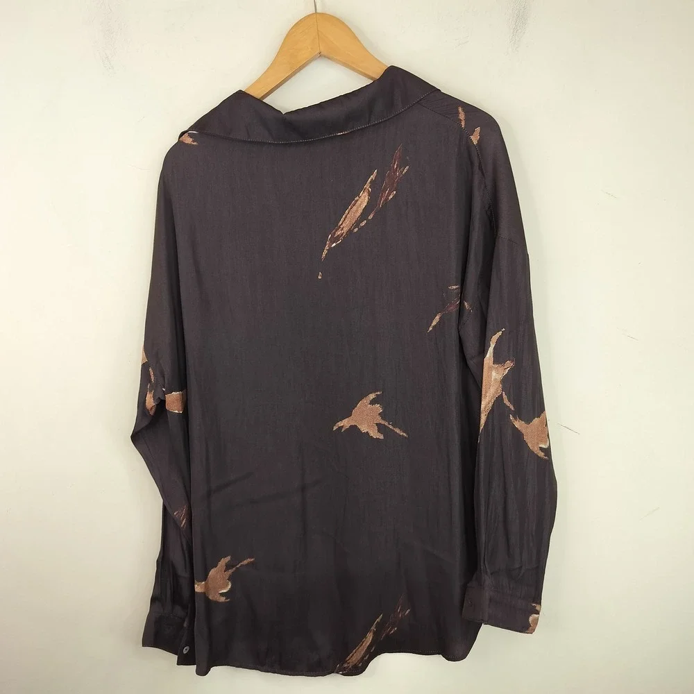Grade & Gather Blouse Women XL Brushstroke V-Neck Long Sleeve Boho Brown Black